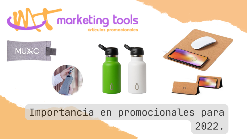 Texto con fotos de productos que describen la importancia del articulo promocional. Tres objetos. Lentes. Cilindro para beber. Mouse pad con cargador